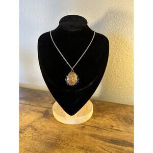 Vintage Oval Stone Pendant Necklace Silver Tone Filigree Earth Tone Jasper Agate